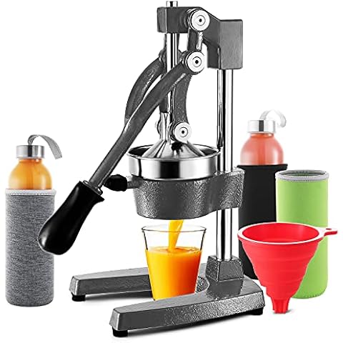 EatEx 7 PC Manual Juicer Set with Glass Bottles, Sleeves, and Funnel, Stainless Steel Cast Iron Silicone Polycarbonate, Gray, L Cover