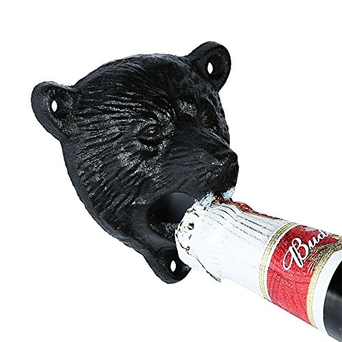 Kipokalor Wall Mounted Bottle Opener,Cast Iron Wall Mount Grizzly Bear Teeth Bite Bottle Opener With Black Catcher(Black Catcher+Black Bear) #TOP2