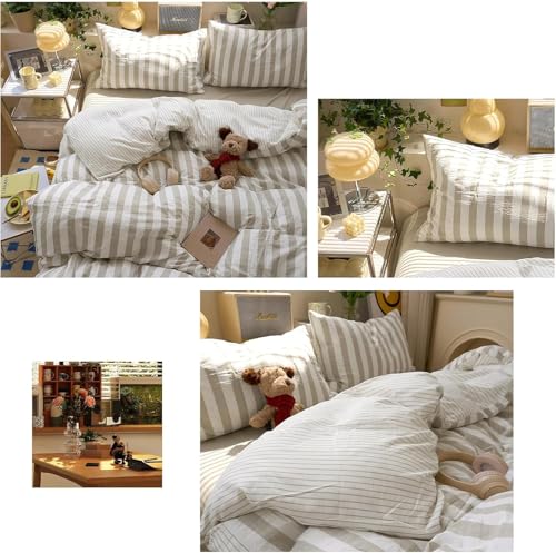 Image of Striped Duvet Cover Queen Size Khaki White Stripes Reversible Bedding Set Vertical Striped Duvet Cover Set Soft Lightweight Microfiber Quilt Cover with Zipper Closure and 2 Pillowcases
