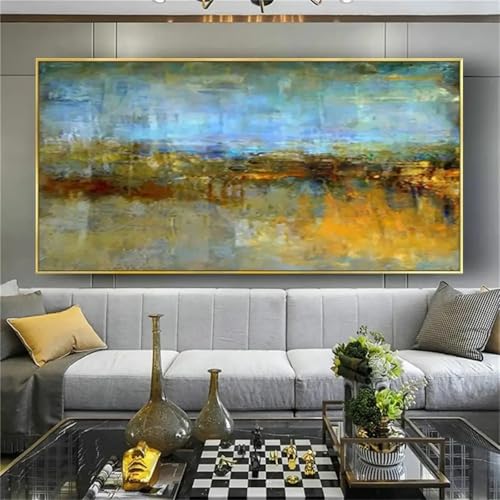 Peinture à l'huile sur toile paysage abstrait - Décoration murale salon vintage 55x110 cm