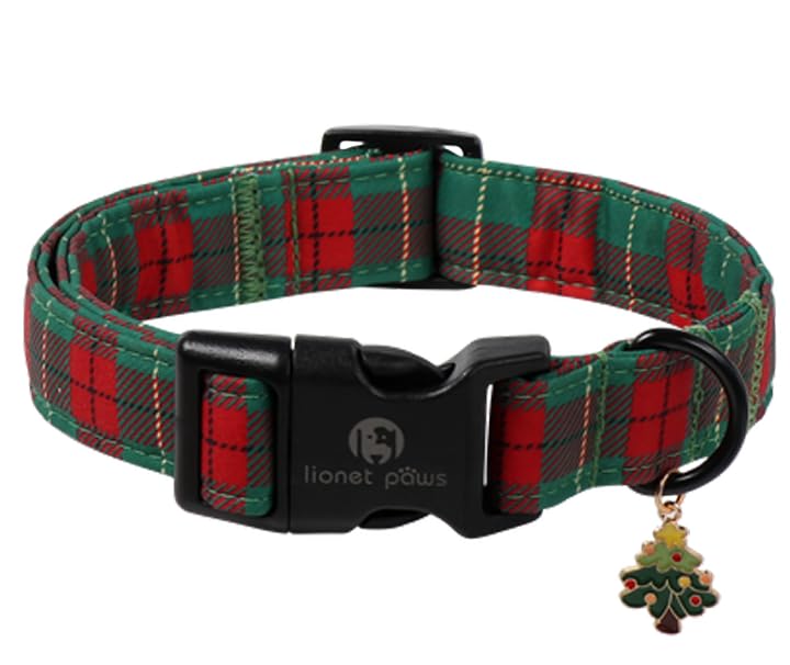 Lionet Paws Christmas Dog Collar- Red Green Plaid Dog Collars with Plastic Buckle and Christmas Tree Pendant, Light Winter Dogs Collar for Small Dogs — image 1