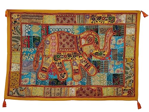 Image of Ekam Art Rajasthani Handmade Heavy Elephant Embroidery Cotton Patchwork Tapestry Cotton Wall Decor Hanging Beaded Tapestries Home Living Room Decor 40 x 60 Inch (Yellow)