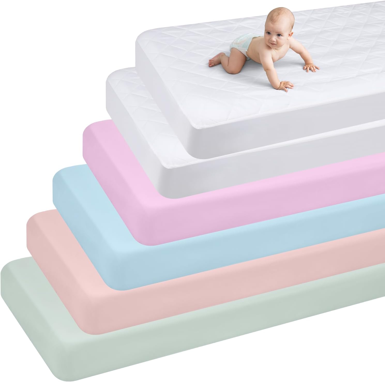 Newwiee 6 Pcs Baby Bedding Set - Fitted Sheet Crib Waterproof Mattress Protector, 28" x52" Soft Quilted Toddler Mattress Pad Cover, Machine Washable for Standard Crib(Fresh Color)