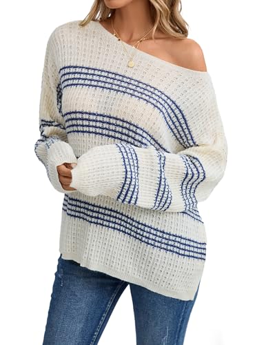 Image of Libsorge Womens Oversized Sexy Off The Shoulder Boat Neck Cute Striped Lightweight Sweater Fall Winter 2025 Trendy Waffle Knit Crewneck Long Sleeve Pullover Top Apricot L