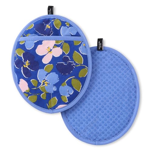 Kate Spade New York Painterly Bouquet Pot Holder 2-Pack Set, Heat Resistant, 100% Cotton with Printed Non-Slip Silicone Grip, Blue/Green/Rose, 8"X10"