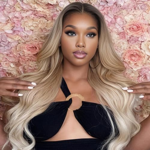 Perruque blonde ombrée avec dentelle frontale 13x6 longueur 26 pouces ondulée synthétique pour femmes pré-épilée ligne frontale naturelle fibre...