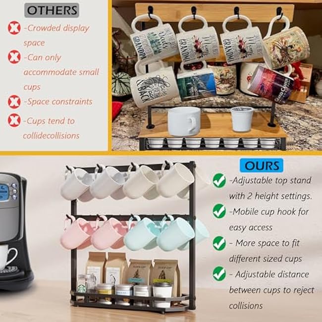 Coffee Mug Holder with Movable Hooks,16 Capacity Coffee Cup Holder for Countertop, Metal Mug Tree Holder Rack with Storage Base,Home Storage Mug Organizer adjustable Heights (Black)