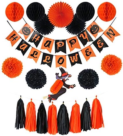 Halloween Party Decorations Indoor & Outdoors|21 Pieces Includes: Witch, Banner, Paper Fan, Tissue Pom Pom, Hanging Honeycomb Ball & Tassel Garland | Orange and Black Set, Birthday Decor