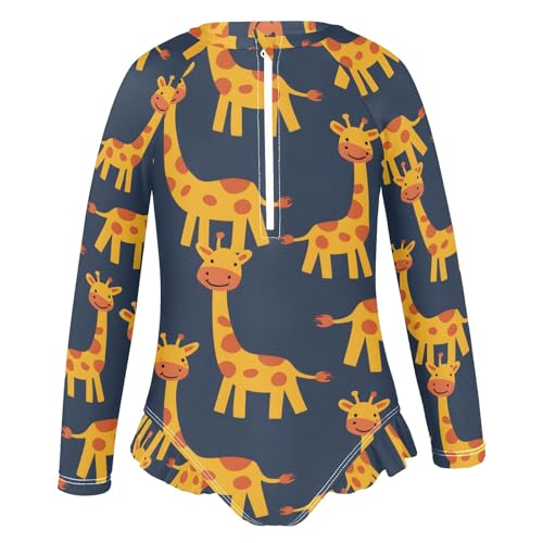 Cartoon Giraffe Girls Long Sleeve Swimsuit Rash Guard One Piece Bathing Suits Zipper 3-12T2