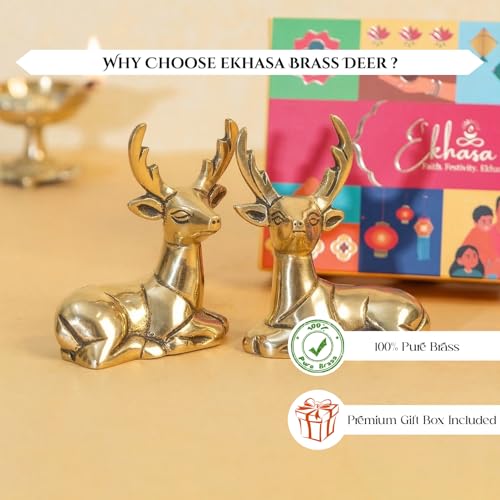 Image of Ekhasa 100% Pure Brass Deer Showpiece Pair with Gift Box | Golden Hiran Murti Pital Animal Figurines for Home Decor Living Room | Religious Housewarming Grah Pravesh Wedding Gift