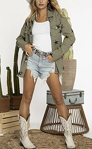 chouyatou Women's Casual Frayed Raw Hem Star Print Mid Long Peplum Denim Jacket4