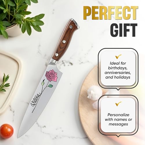 Image of Color Laser Engrave Custom Personalized Chef Knife with Blade Cover and Velvety Red Interior Box Premium Stainless Steel - Personalized for Wife, Mother, Friend with a Rose Design (Design#2)