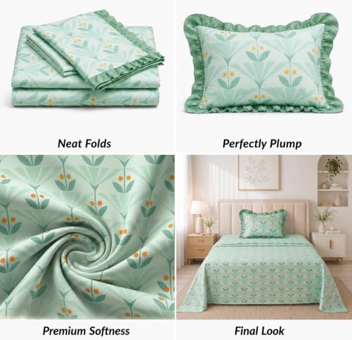 Image of BSB HOME 240 Tc Premium Single Bed Bedsheet, Soft Comfortable Bed Sheet with 2.5 Inches Frill Border, Stylish Printed Bedding for Bedroom, Elegant Bedsheet, 60 x 90 Inches - Muted Sage