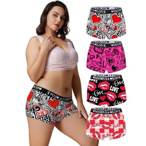 Morvia Women's Plus Size Boxer Briefs, 4 Pack, Heart and Lip Print, Colorful Design, Comfortable Stretchy Elastic Waistband 1X Heart & Red Lips
