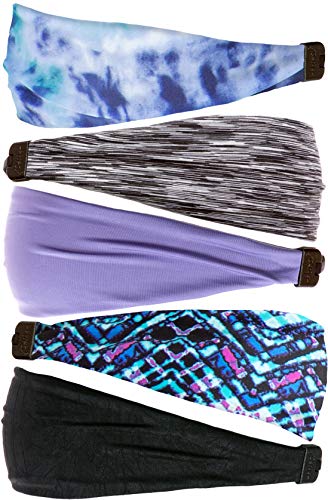 Hipsy Adjustable & Stretchy Xflex Band Wide Sports Headbands For Women Girls & Teens (5Pk Black/Mosaic/Violet/Grey/Blue) #TOP1