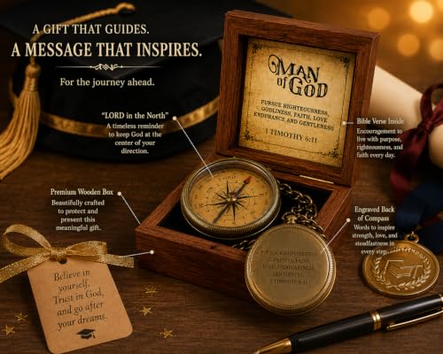 Brújula grabada con cita en caja de madera, regalo religioso para bautizo, pastor, graduación 2025, regalo para él, esposo, día del padre miniatura 3
