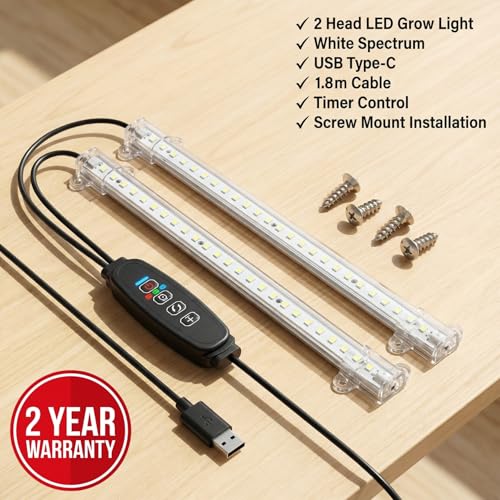 Image of ecofynd Aira2 2 Years Warranty Grow Light for Indoor Plants (Seedlings & Leafy herbs), White Spectrum Auto On /Off Automatic Timer, 2 Head 10 Watt LED Artificial Sunlight, 1.8M Wire Type C Connector
