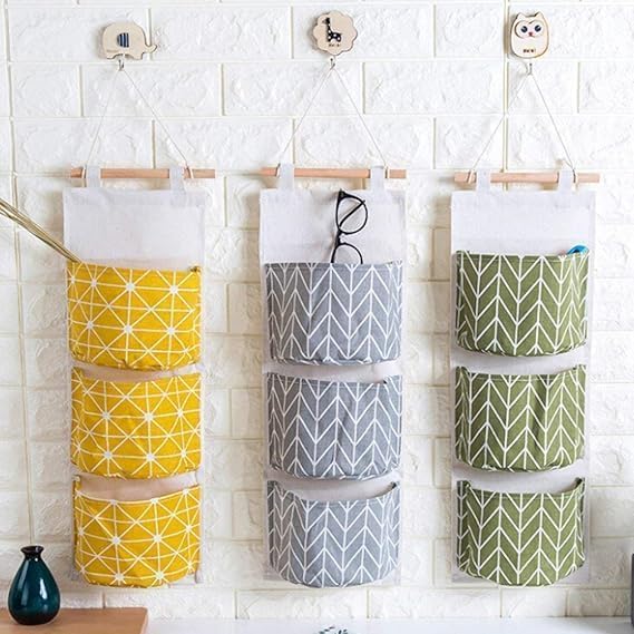 Wall Hanging Storage Bag,Creatiee Waterproof Over The Door Closet Organizer Linen Farbric Hanging Pocket Organizer W/ 3 Remote-Sized Width Pockets for Bedroom-Polystyrene,Multi (PACK OF 1)