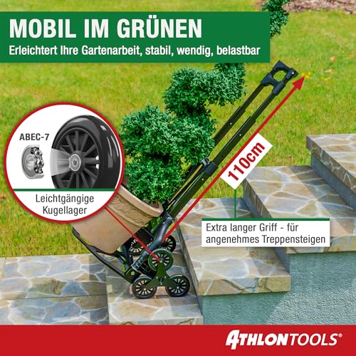 ATHLON TOOLS Treppensteiger Sackkarre klappbar TÜV geprüft – Profi Treppensackkarre aus Aluminium leicht - Extra Langer Griff 110cm & Ladefläche mit Anti Rutsch Pads - Transporthilfe für Treppen
