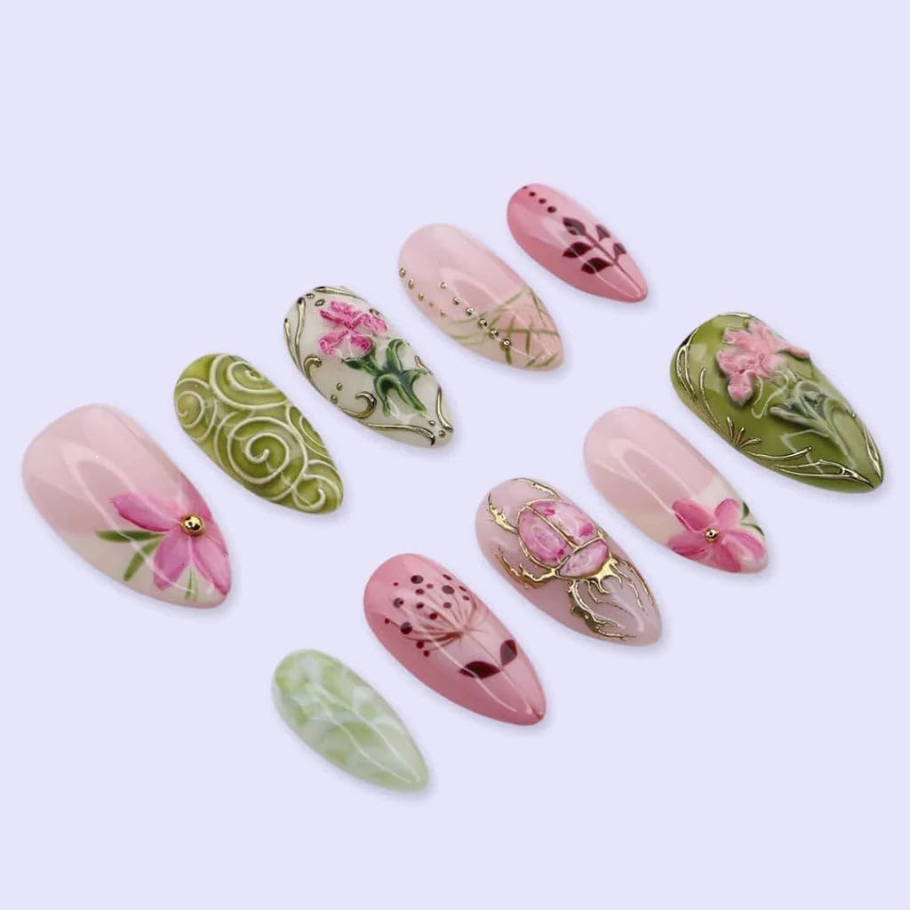 Handmade Pink & Olive Green Gel Press On Nails, 3D Gold Scarab Beetle & Vintage Florals, Reusable Medium Almond Fake Nails with Prep Kit, Spring Botanical Museum for Women, 10 Pcs
