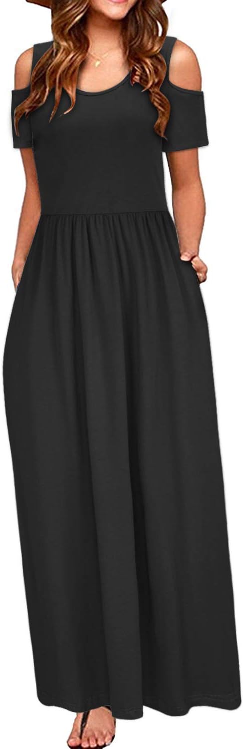 STYLEWORD Women's 2026 Summer Maxi Long Dresses Cold Shoulder Sundress with Pocket