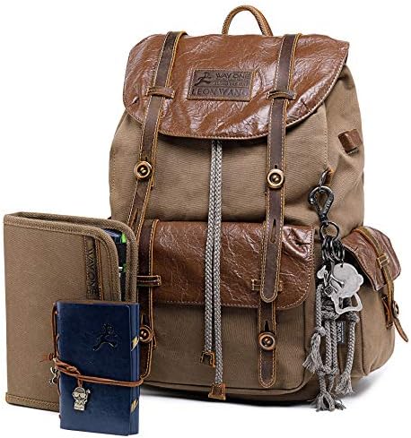 WAY ONE Canvas and Leather Backpack for Men Brown Vintage Backpack Waterproof Rucksack Knapsack Hiking Travel Outdoor,Durable Genuine Leather Canvas Laptop Shoulder Back pack Casual Daypack (Camel)