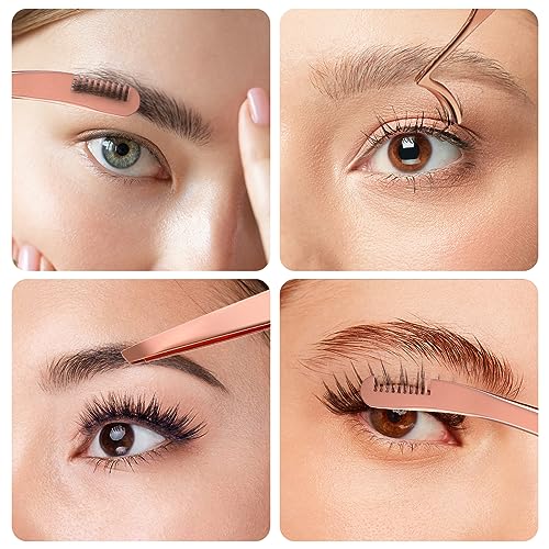 simarro 3 Pcs Eyelash Applicator Tool Set, False Eyelashes Applicator Tool Remover Clip, Professional Eyelashes Tweezers Curved Eyelash Eyebrow Curler for Beginners Makeup Artists (Rose Gold)