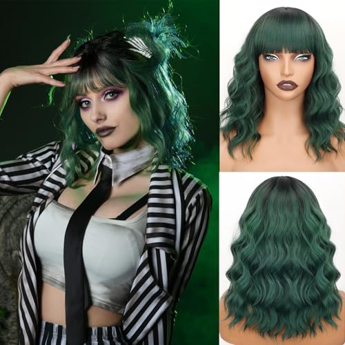 Image of Nnzes Ombre Green Wigs with Bangs for Women Short Bob Synthetic Wigs Shoulder Length Wavy Heat Resistant Hair for Daily Party Use