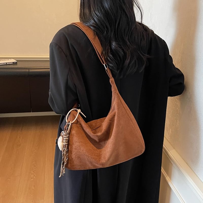 Suede Shoulder Bag for Women Slouchy Retro Purses Crescent Hobo Bag2