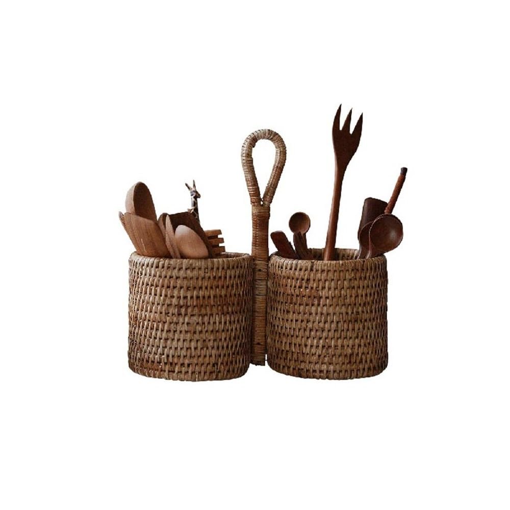 Porte-ustensiles cuisine Porte-ustensiles en rotin tressé rétro, organisateur d'ustensiles tissé à la main for cuillère Organisateur couverts