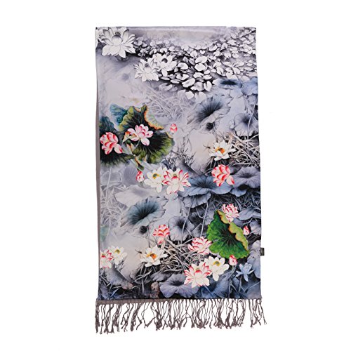 LANSILK Bufanda de seda para mujer - Elegante, lujosa, grande y liviana bufanda de Pashmina de seda, bufanda de cachemira, bufanda de cuello (170x86CM) (Silver Lotus Lake)