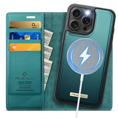 Image of Wallet Case for iPhone 13 Pro Compatible with Magsafe, 2-in-1 PU Leather Flip RFID Blocking Card Holder Stand Shockproof Magnetic Detachable Cover for iPhone 13 Pro Case 6.1 inch, Bluegreen