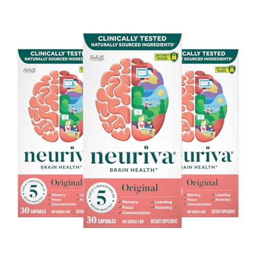 NEURIVA Original Brain Supplement for Memory, Focus & Concentration + Learning & Accuracy with Clinically Tested Nootropics Phosphatidylserine and Neurofactor, Caffeine Free, 30 Capsules (3 Pack)