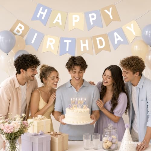 Image of Happy Birthday Banner Party Banner NO DIY Birthday Sign Brown Grey White