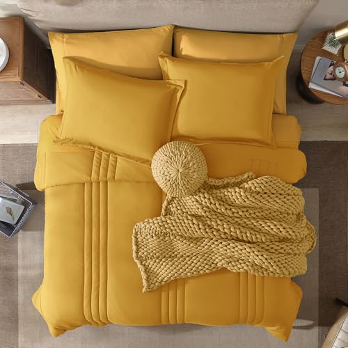 Image of Monbix Queen Comforter Set - 7 Pieces Bright Yellow Bed in a Bag Queen Bedding Sets with Comforters, All Seasons Comforter Bed Set with Sheets,Pillowcases & Shams