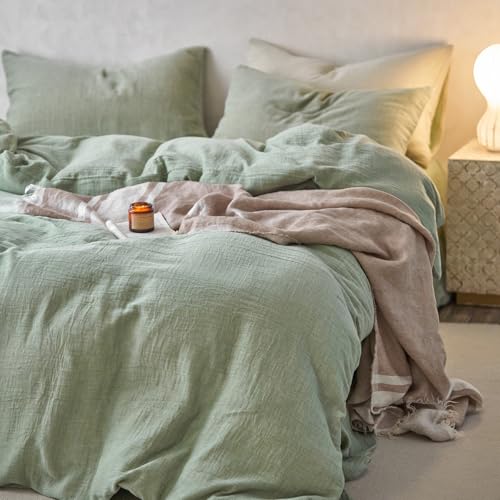 Image of EAVD Solid Mint Green Duvet Cover Queen Soft Breathable 100% Cotton Muslin Linen Like Gauze Comforter Cover with 2 Pillowcases Modern Simple Mint Green Comforter Cover with Zipper Closure