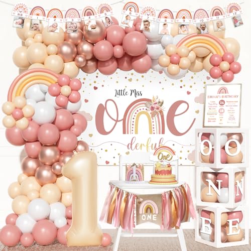 Fiesec Boho Rainbow 1st Birthday Decorations 123PCs - Onederful 1st Birthday Party Supplies with Little Miss Onederful Backdrop Balloon Garland Banner Cake Topper Poster Crown