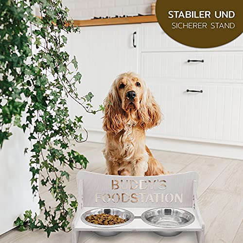 Futterbar für Hunde und Katzen – Personalisierbar – aus Holz – Schwarz, Grau, Natur – Groß und Klein – Futternapf aus Metall (Klein, Grau)