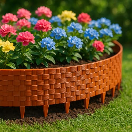 Image of Woven Garden Border Fence - Interlocking Edging Panels | Flexible Weave Fence for Flower Beds, Lawns & Pathways (Brick Design (10 Pcs), Terracota Brown)