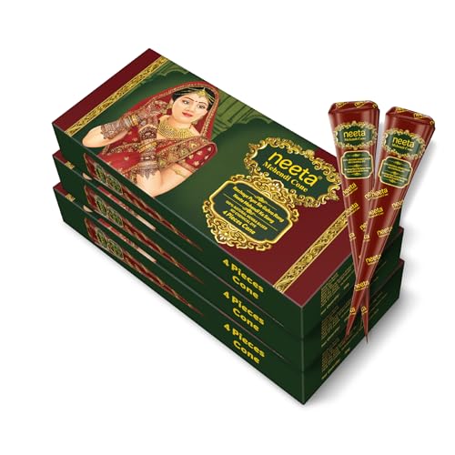 Image of Neeta Mehendi Cone for Body Art, Herbal Henna Paste /Cones, Raddish Brown Color for Hand Design, Natural Mehendi 4 Count (Pack of 3)