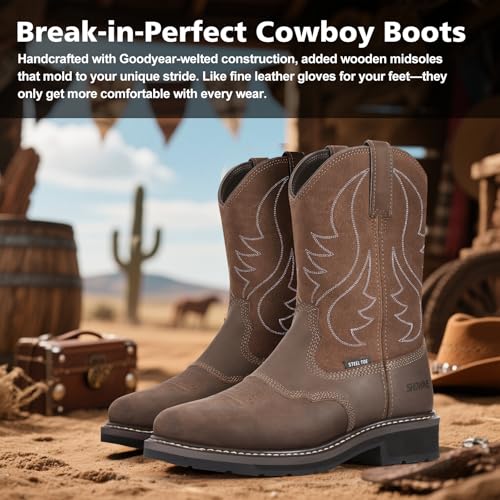 Showave Steel Toe Cowboy Boots for Men Western Square Toe Work Boot Full-grain Leather Safety Boots with Hazard Protection for Construction Manufacture Farming4