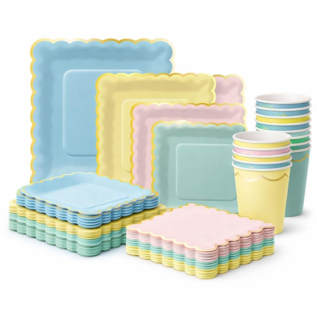 Scalloped Pastel Party Supplies Set – Serves 24 | Disposable Plates, Napkins & Cups | 10 Inch Dinner Plates, 7 Inch Dessert Plates, 12 oz Cups |