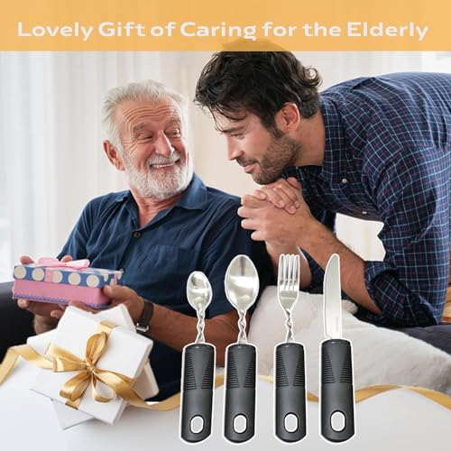 Besteck-Set für Parkinson, Senioren & Behinderte – Ergonomisches Essbesteck mit gebogenem, verdicktem Griff, flexibel & rutschfest, inkl. Löffel, Messer, Gabel