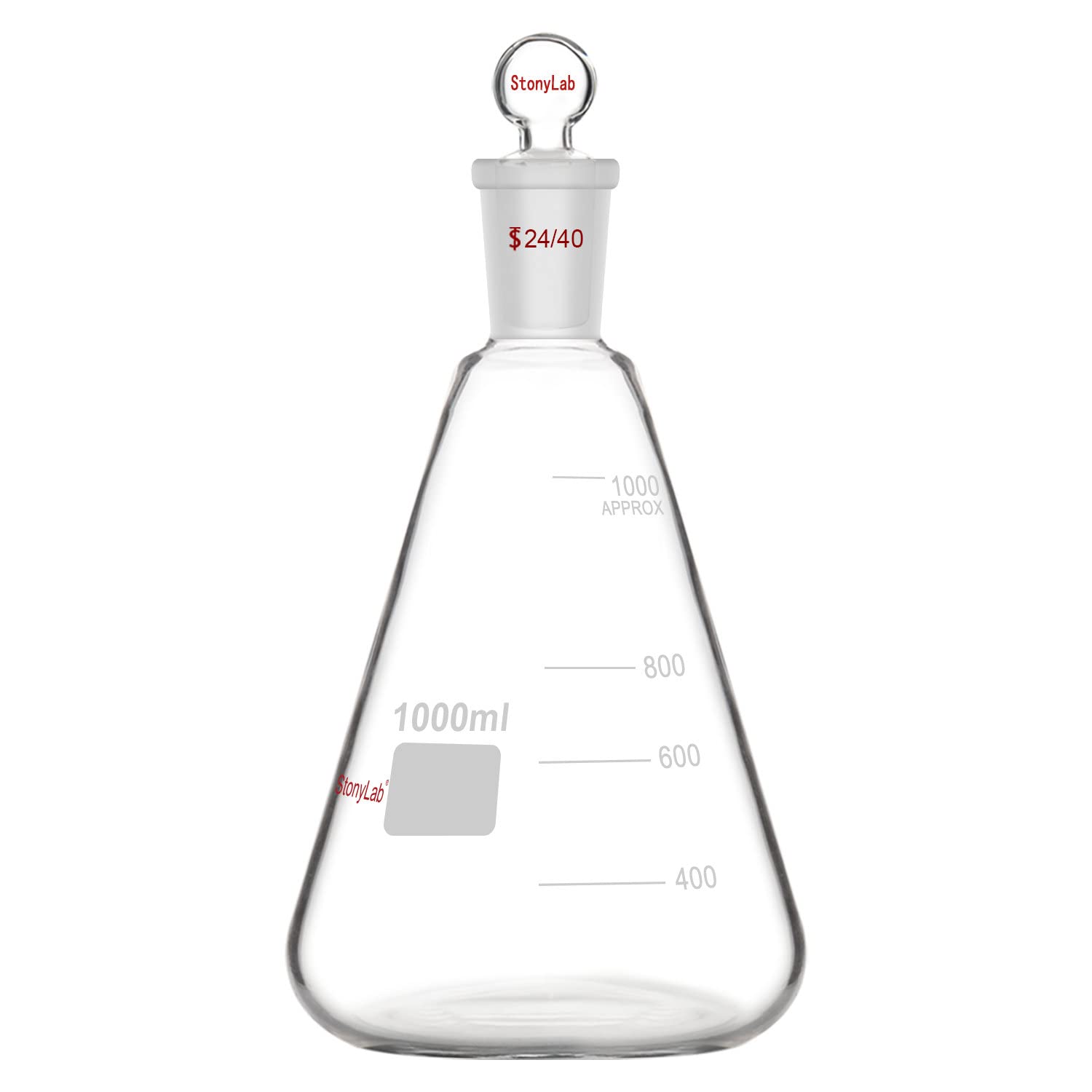 stonylab Glass 24/40 Erlenmeyer Flask with Stopper, 1000 ml Borosilicate Glass Heavy Wall Flask with 24/40 Standard Taper Outer Joint and Glass