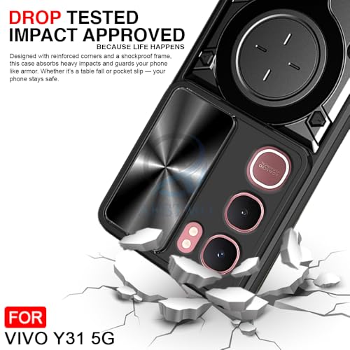 Image of AESTMO Armor Vivo Y31 5G Bumper Back Case Cover | Ring Holder & CD Pattern Sliding Camera Shutter Cover | Back Case Cover for Vivo Y31 5G (Black)