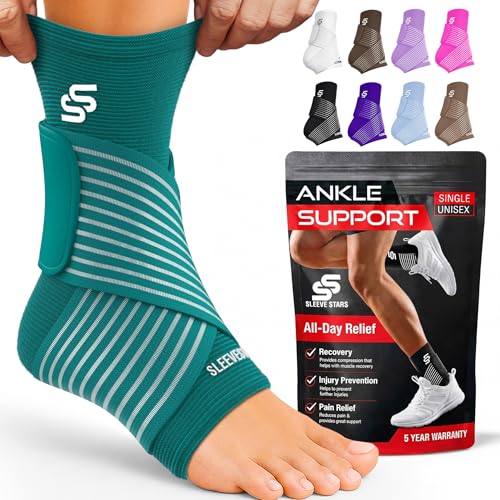 Sleeve Stars Ankle Brace for Women & Men, Ankle Wrap for Sprain, Compression Sleeve for Plantar Fasciitis Relief, Easy Customizable Support: w/ Removable Strap (Pair/M:10"-12"/Turquoise)