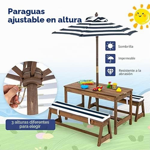 Juego de asientos para niños, mesa de picnic con sofás, almohadas y sombrillas, grupo de asientos de madera, para exteriores, muebles de jardín para jardín, patio trasero, terraza (azul)