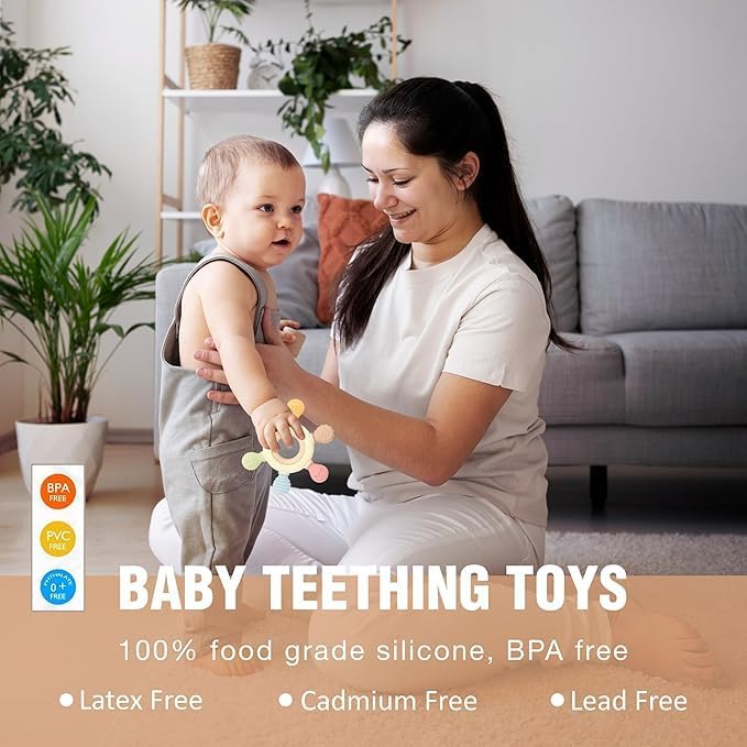 Sohansh Baby Wooden & Silicone Teether Ring, BPA Free Food Grade Silicone Teething Toy for Soothing Baby Gums 2