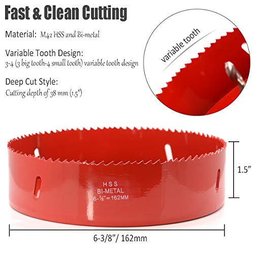 Koopi 6 3/8 inch Hole Saw with Heavy Duty Arbor, 38mm Depth Bi-Metal Hole Cutter, Easily Drilling Wood, Plastic, Plywood, Ceiling, Thin Metal for Recessed Lighting, Can Lights (162mm Dia.) - Thumbnail 2