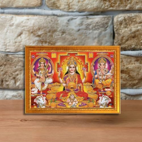 Image of CRAFT QUEST Lakshmi Devi with ganesh ji and saraswati mata Wall Painting Photo Frame for Diwali Pujan (Synthetic, Golden, Sparkle Finish, Small Size, 8 X 6 Inch)